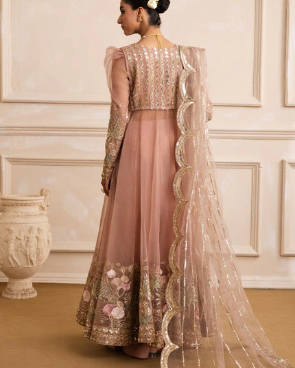 AZITA | Peach Beige Embroidered Organza Pishwas