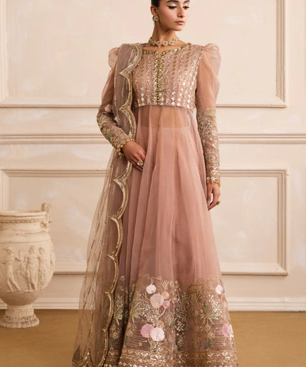AZITA | Peach Beige Embroidered Organza Pishwas