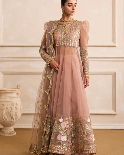 AZITA | Peach Beige Embroidered Organza Pishwas