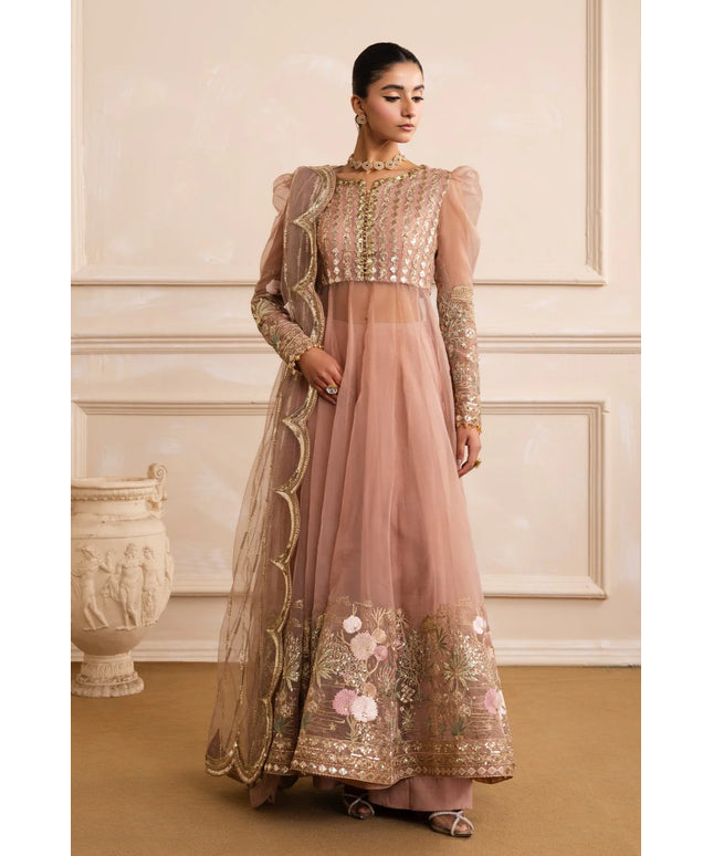 AZITA | Peach Beige Embroidered Organza Pishwas