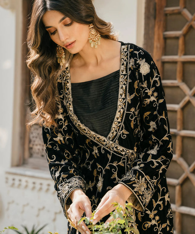 1 Piece | Black Velvet Embroidered Dress