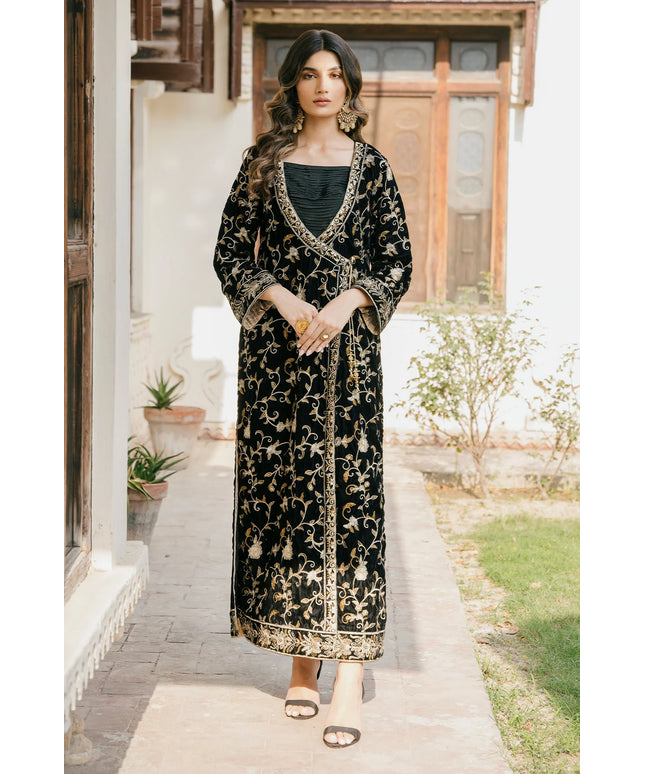 1 Piece | Black Velvet Embroidered Dress