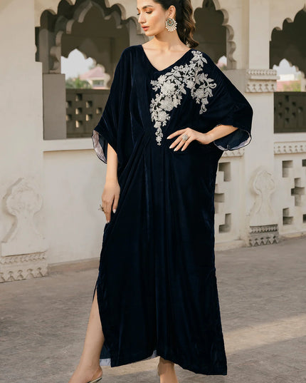 1 Piece | Blue Velvet Embroidered Kaftan