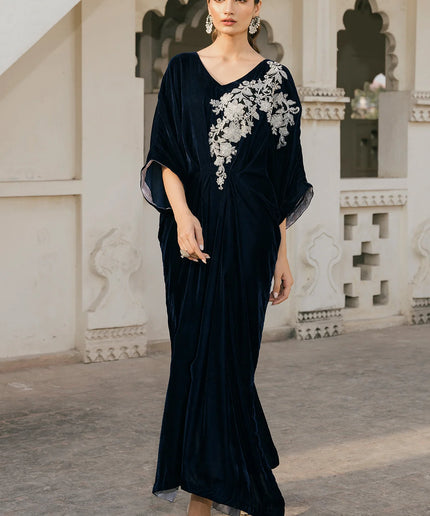1 Piece | Blue Velvet Embroidered Kaftan