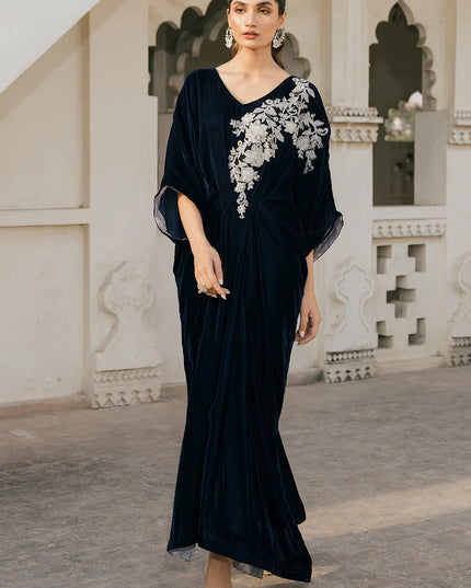 1 Piece | Blue Velvet Embroidered Kaftan