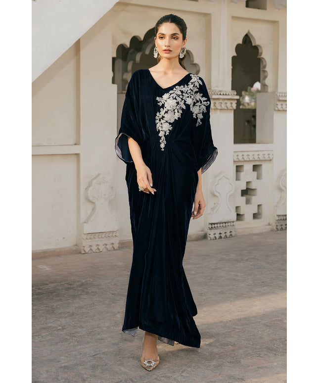 1 Piece | Blue Velvet Embroidered Kaftan