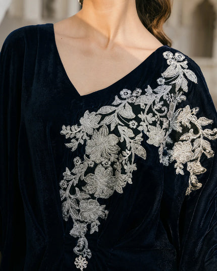 1 Piece | Blue Velvet Embroidered Kaftan