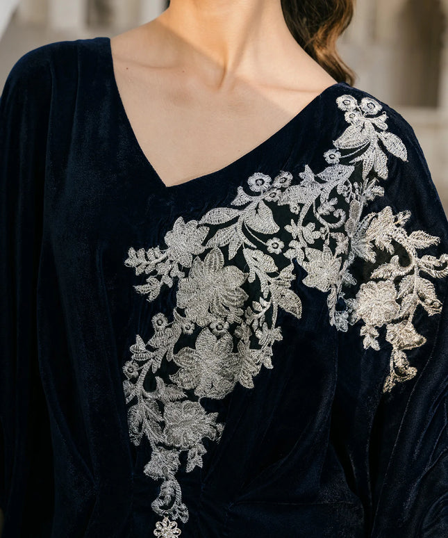 1 Piece | Blue Velvet Embroidered Kaftan