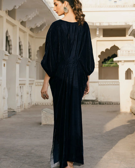 1 Piece | Blue Velvet Embroidered Kaftan