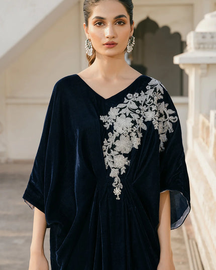 1 Piece | Blue Velvet Embroidered Kaftan