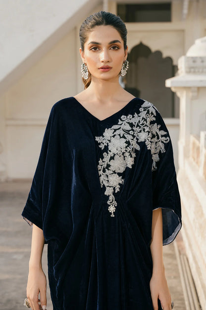 1 Piece | Blue Velvet Embroidered Kaftan