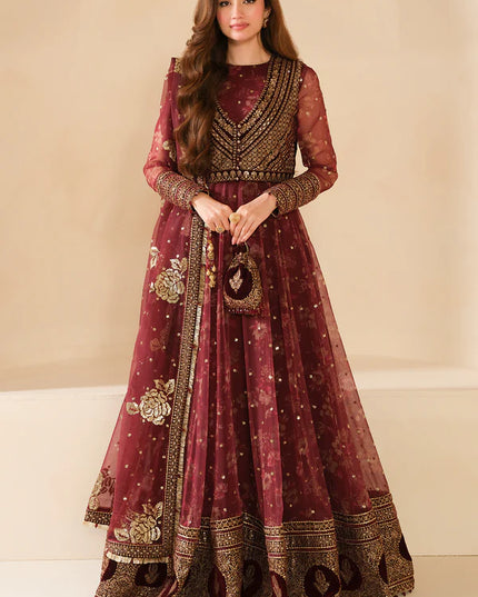 Sukhi | Maroon Embroidered Chiffon Velvet Maxi