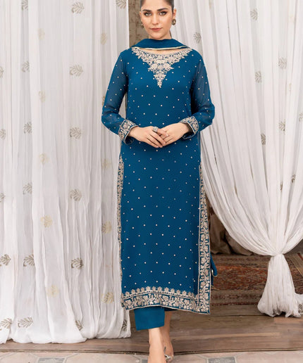WARESHA | Blue Chiffon Embroidered Suit