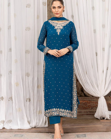 WARESHA | Blue Chiffon Embroidered Suit