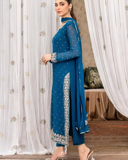 WARESHA | Blue Chiffon Embroidered Suit