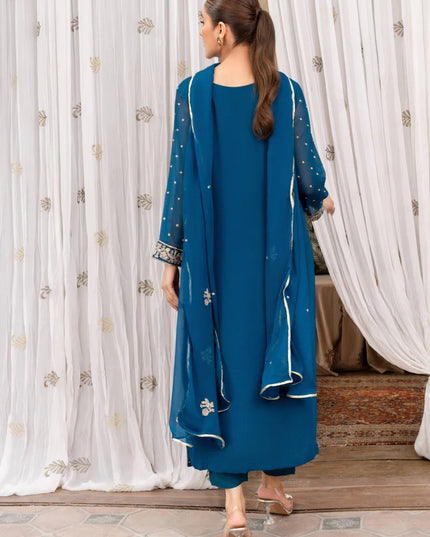 WARESHA | Blue Chiffon Embroidered Suit
