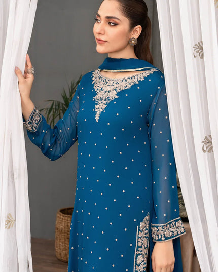 WARESHA | Blue Chiffon Embroidered Suit