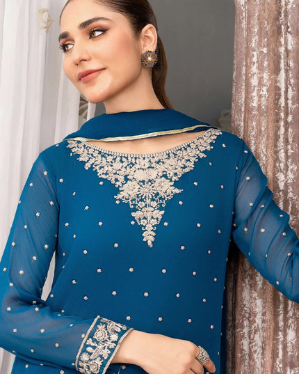 WARESHA | Blue Chiffon Embroidered Suit