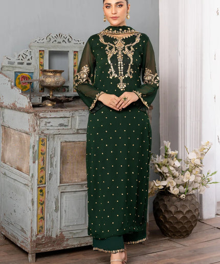 PREET | Green Chiffon Embroidered Suit