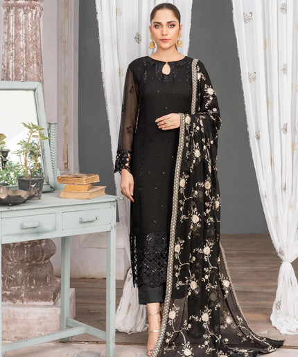 NUREH | Black Chiffon Embroidered Suit