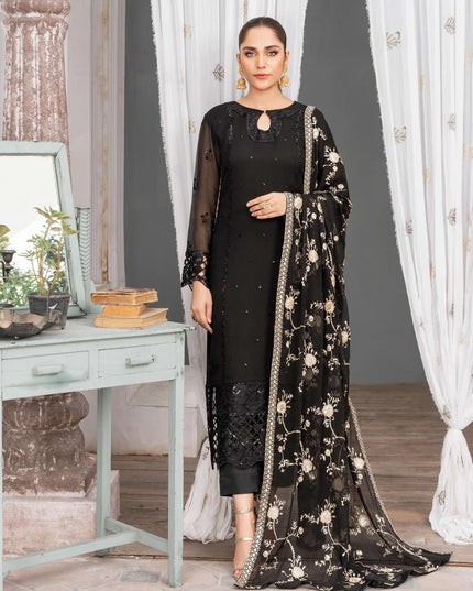 NUREH | Black Chiffon Embroidered Suit