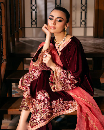Aima | Wine-Red Velvet Embroidered Suit