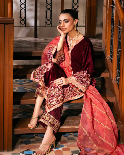 Aima | Wine-Red Velvet Embroidered Suit