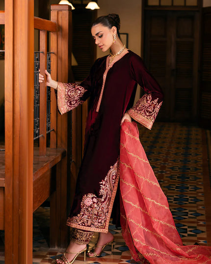 Aima | Wine-Red Velvet Embroidered Suit