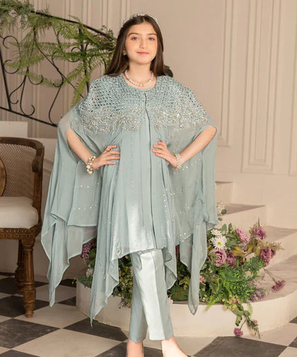 Zoya | Girls Ice Blue Chiffon Chikankari Cape
