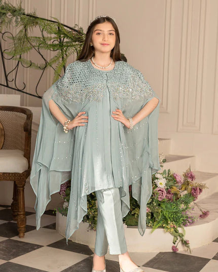 Zoya | Girls Ice Blue Chiffon Chikankari Cape