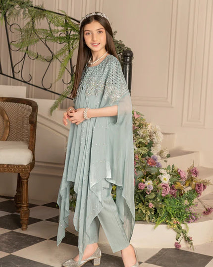 Zoya | Girls Ice Blue Chiffon Chikankari Cape