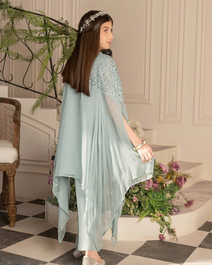 Zoya | Girls Ice Blue Chiffon Chikankari Cape