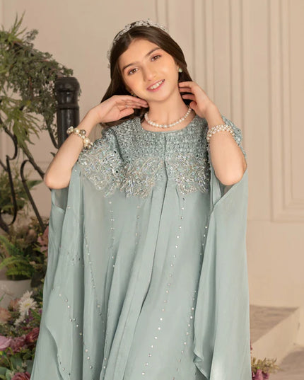 Zoya | Girls Ice Blue Chiffon Chikankari Cape