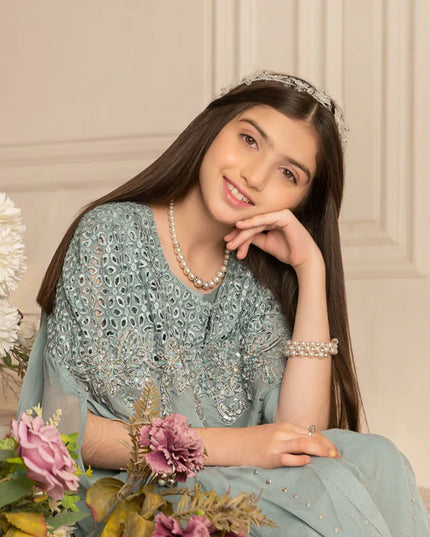Zoya | Girls Ice Blue Chiffon Chikankari Cape