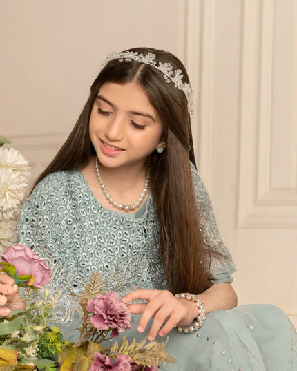 Zoya | Girls Ice Blue Chiffon Chikankari Cape