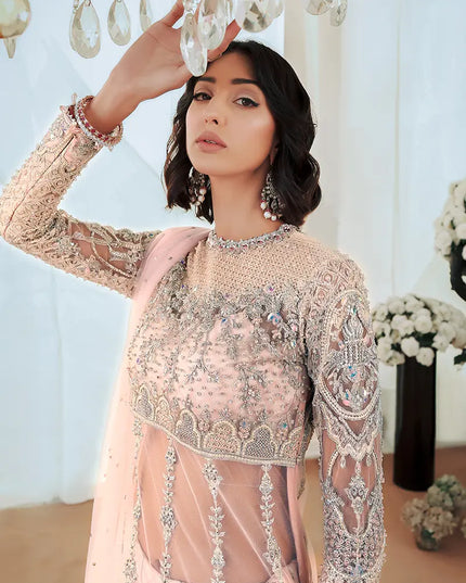 Aiza | Pink Net Hand Embellished Silk Sharara