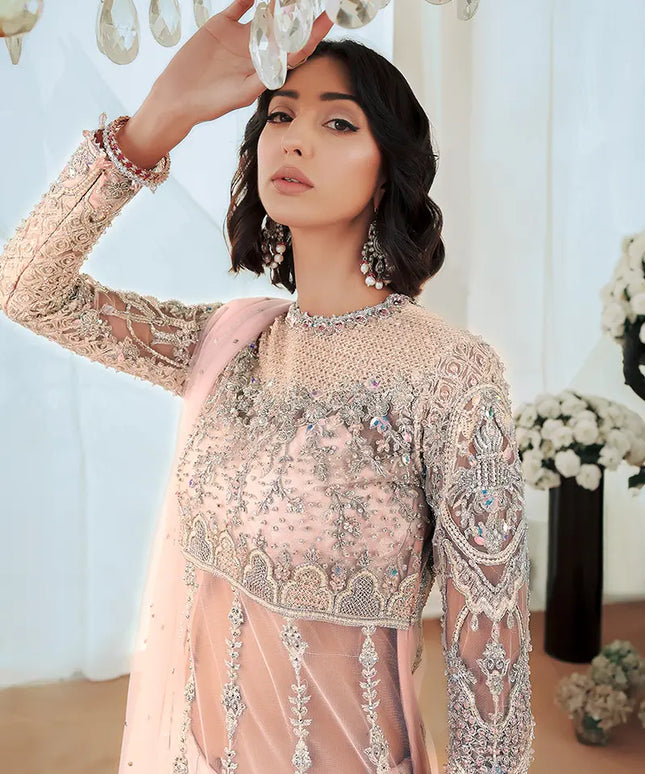 Aiza | Pink Net Hand Embellished Silk Sharara