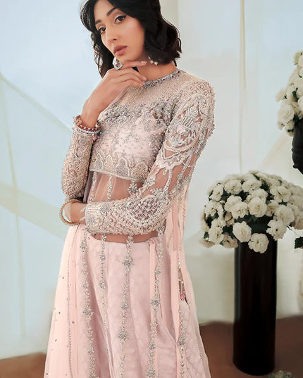 Aiza | Pink Net Hand Embellished Silk Sharara