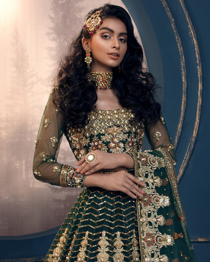 Cygnus | Green Net Embroidered Hand Embellished Lehenga