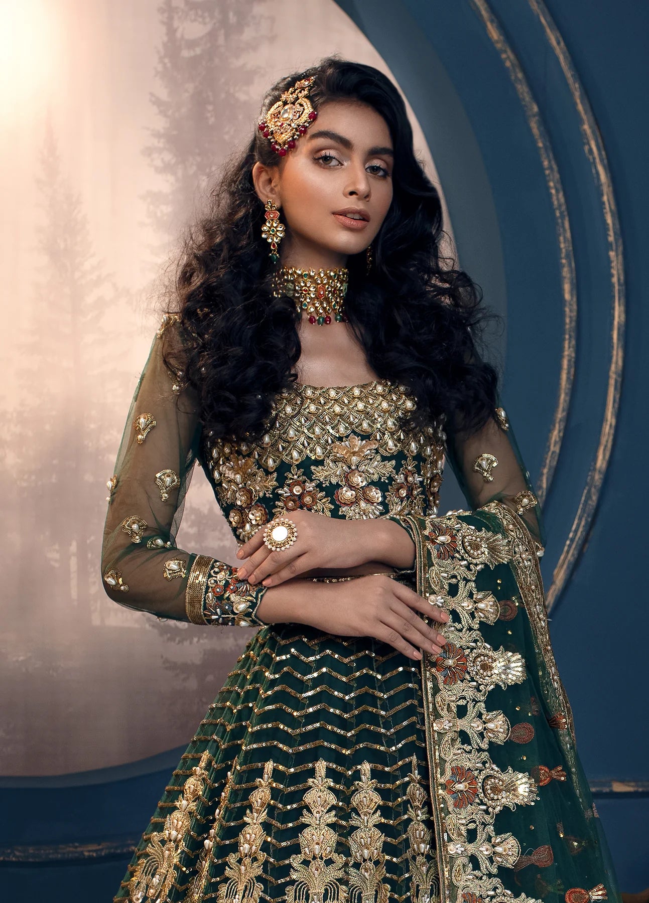 Cygnus | Green Net Embroidered Hand Embellished Lehenga