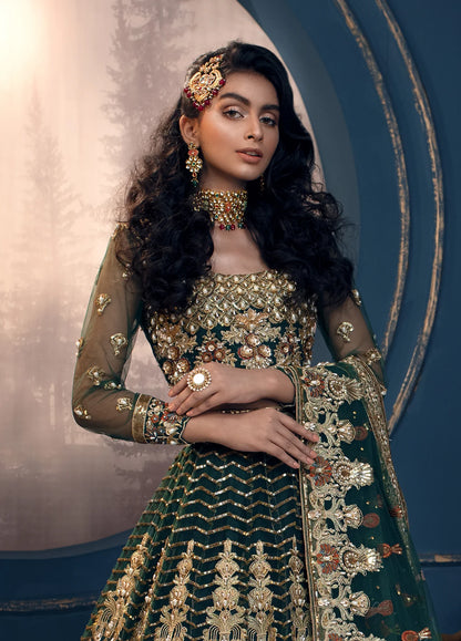 Cygnus | Green Net Embroidered Hand Embellished Lehenga