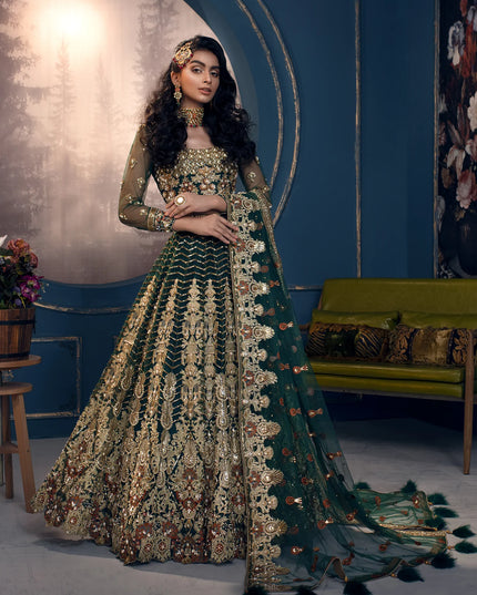 Cygnus | Green Net Embroidered Hand Embellished Lehenga