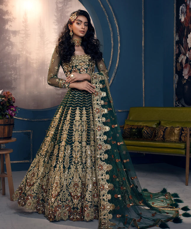 Cygnus | Green Net Embroidered Hand Embellished Lehenga