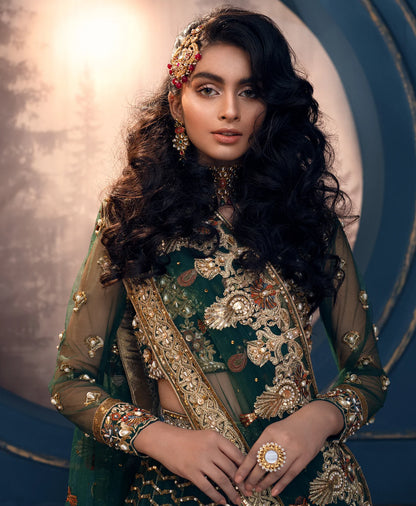 Cygnus | Green Net Embroidered Hand Embellished Lehenga