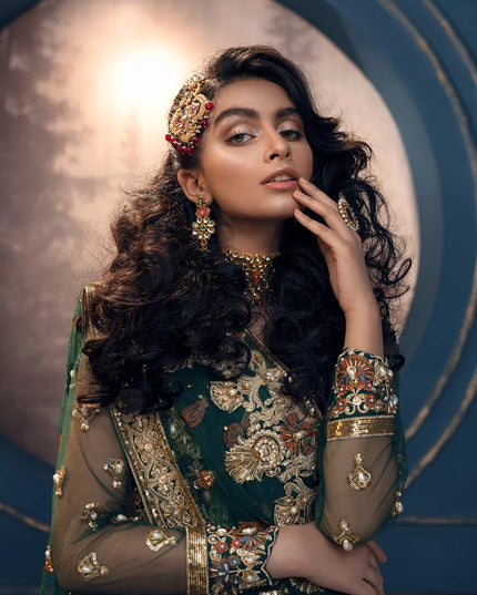 Cygnus | Green Net Embroidered Hand Embellished Lehenga