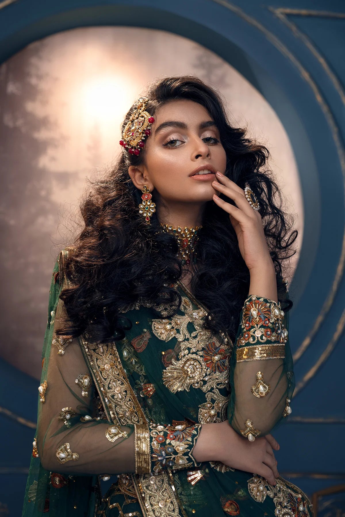 Cygnus | Green Net Embroidered Hand Embellished Lehenga