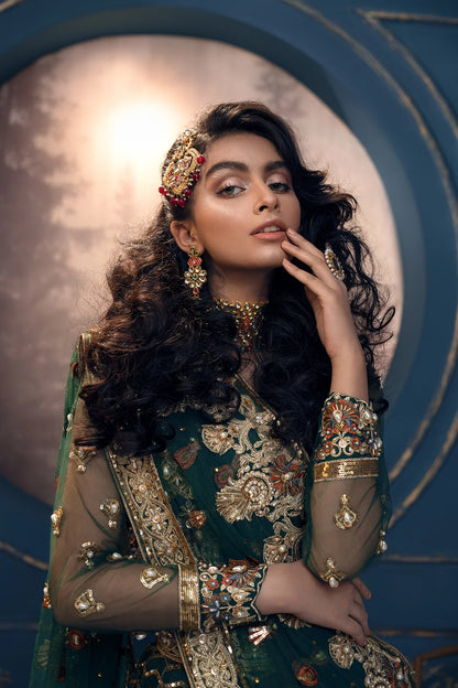 Cygnus | Green Net Embroidered Hand Embellished Lehenga