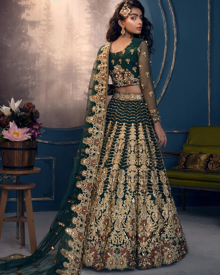 Cygnus | Green Net Embroidered Hand Embellished Lehenga