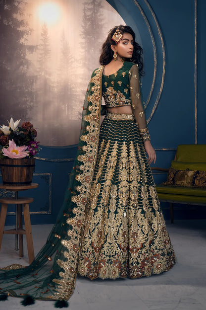 Cygnus | Green Net Embroidered Hand Embellished Lehenga