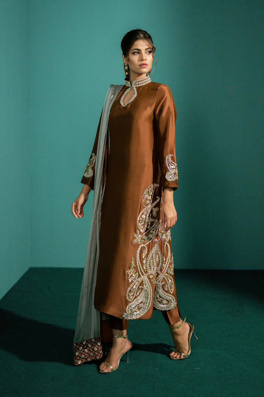 Alaya | Brown Pure Silk Embellished Suit
